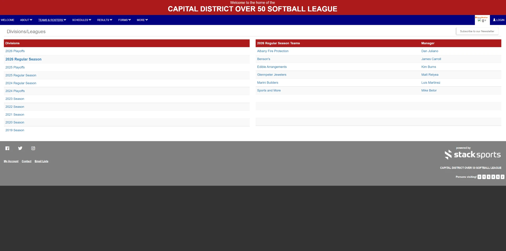 Before — Teams — the old divisions/leagues list was just links. Each team now has its own page with roster, record and game log.
