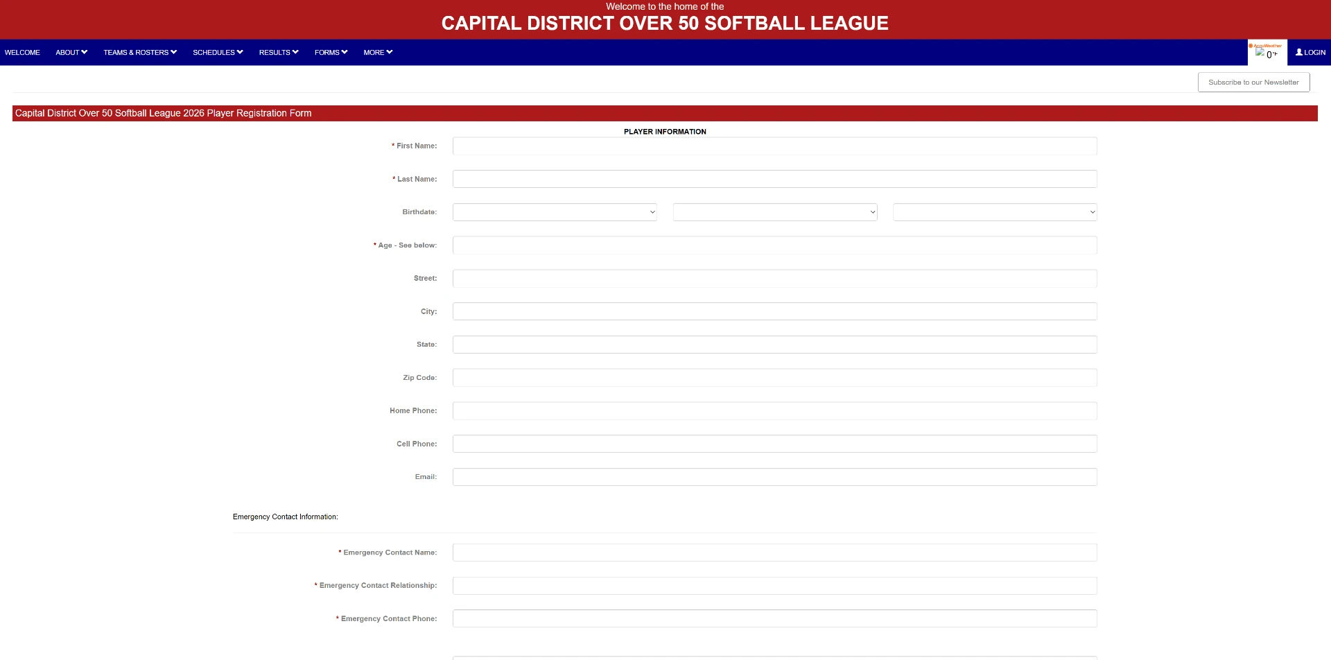 Before — Registration — the old site's form was a cluttered, ad-filled LeagueLineup template with awkward dropdowns. The new online registration form is clean, mobile-friendly, and saves player info directly to the league database.