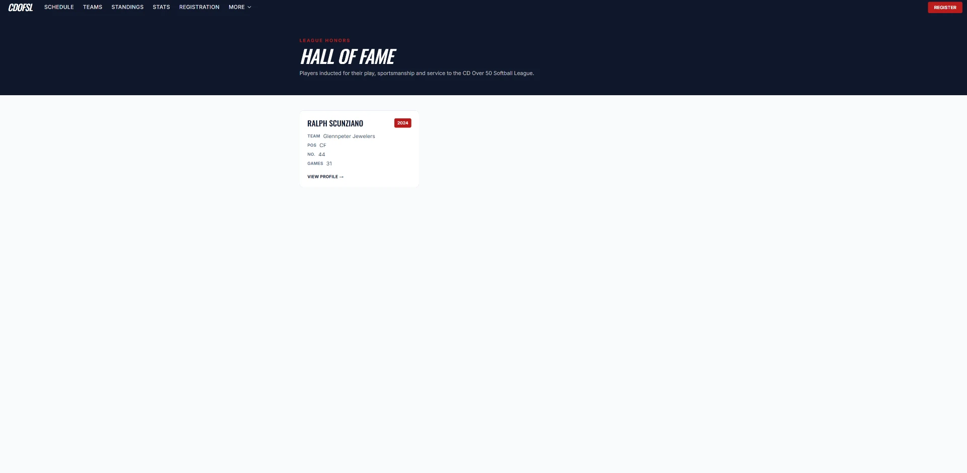 Hall of Fame — a brand new page honoring inducted players with photos, bios and career highlights.
