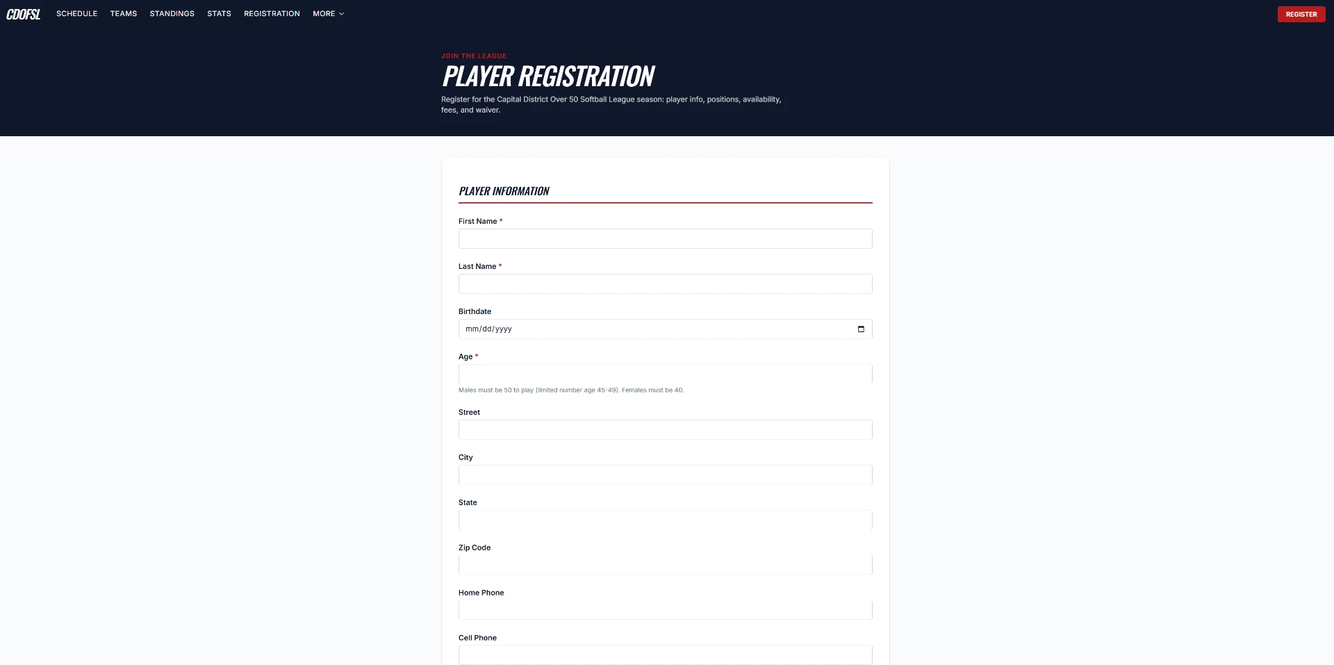 After — Registration — the old site's form was a cluttered, ad-filled LeagueLineup template with awkward dropdowns. The new online registration form is clean, mobile-friendly, and saves player info directly to the league database.