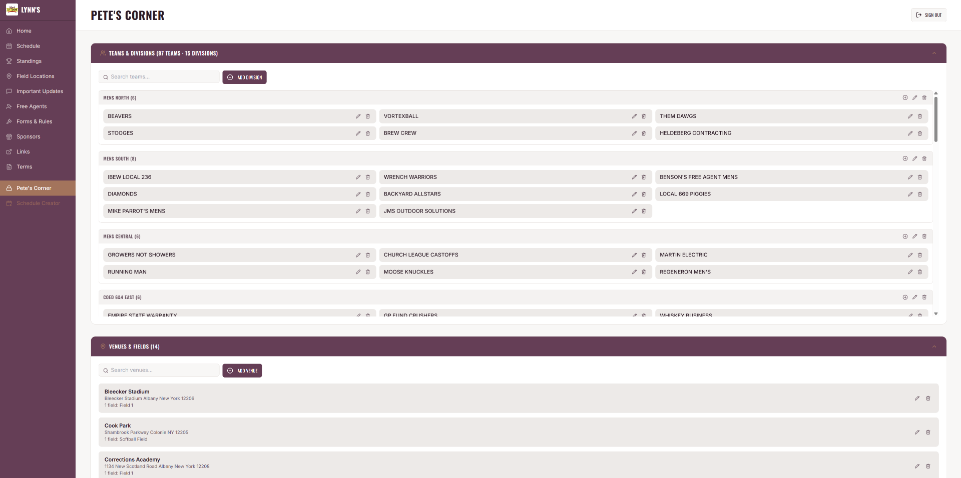 Admin dashboard to manage 60+ teams across 9 divisions, venues, and fields all in one place