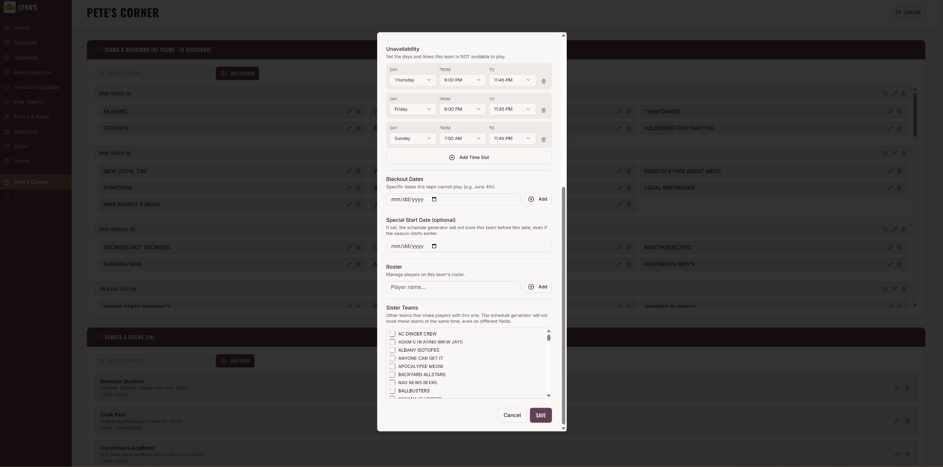 Edit team details, set divisions, tags, unavailability windows, and manage rosters