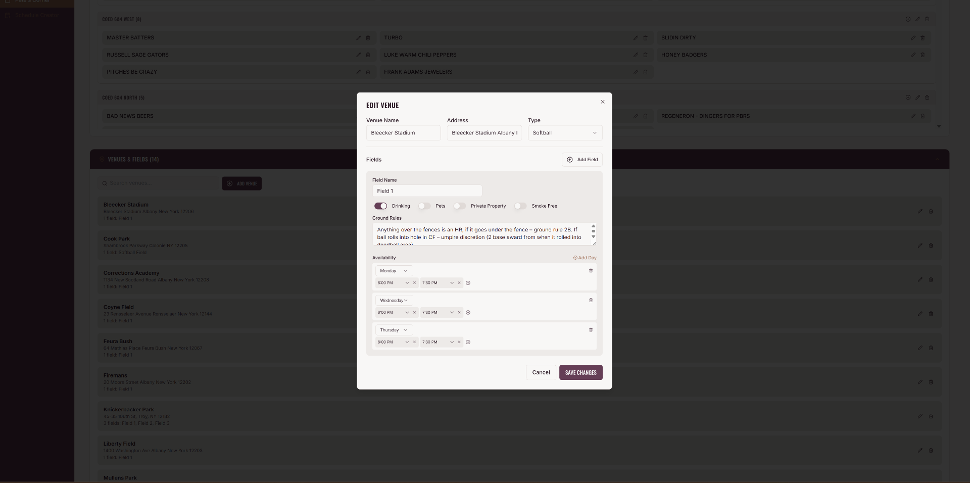 Edit venue, configure fields, ground rules, availability, and amenities per location