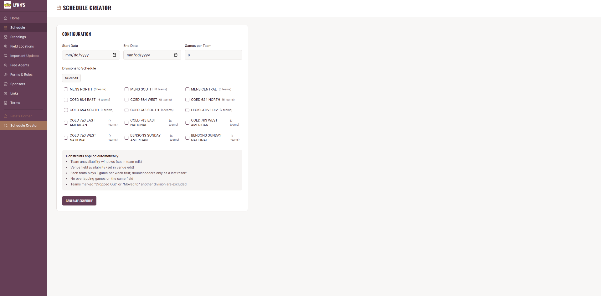 Schedule Creator that auto-generates full season schedules with constraint-aware algorithms