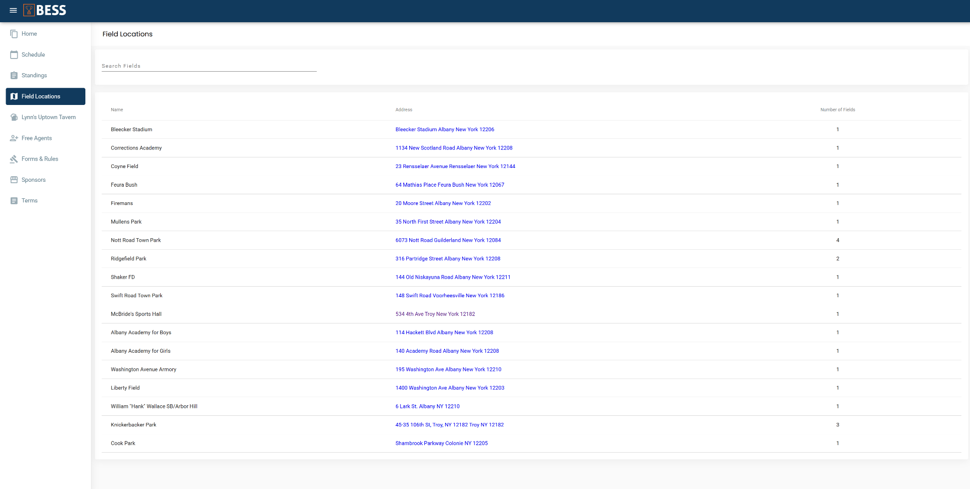 Before — Field locations directory with addresses and field counts