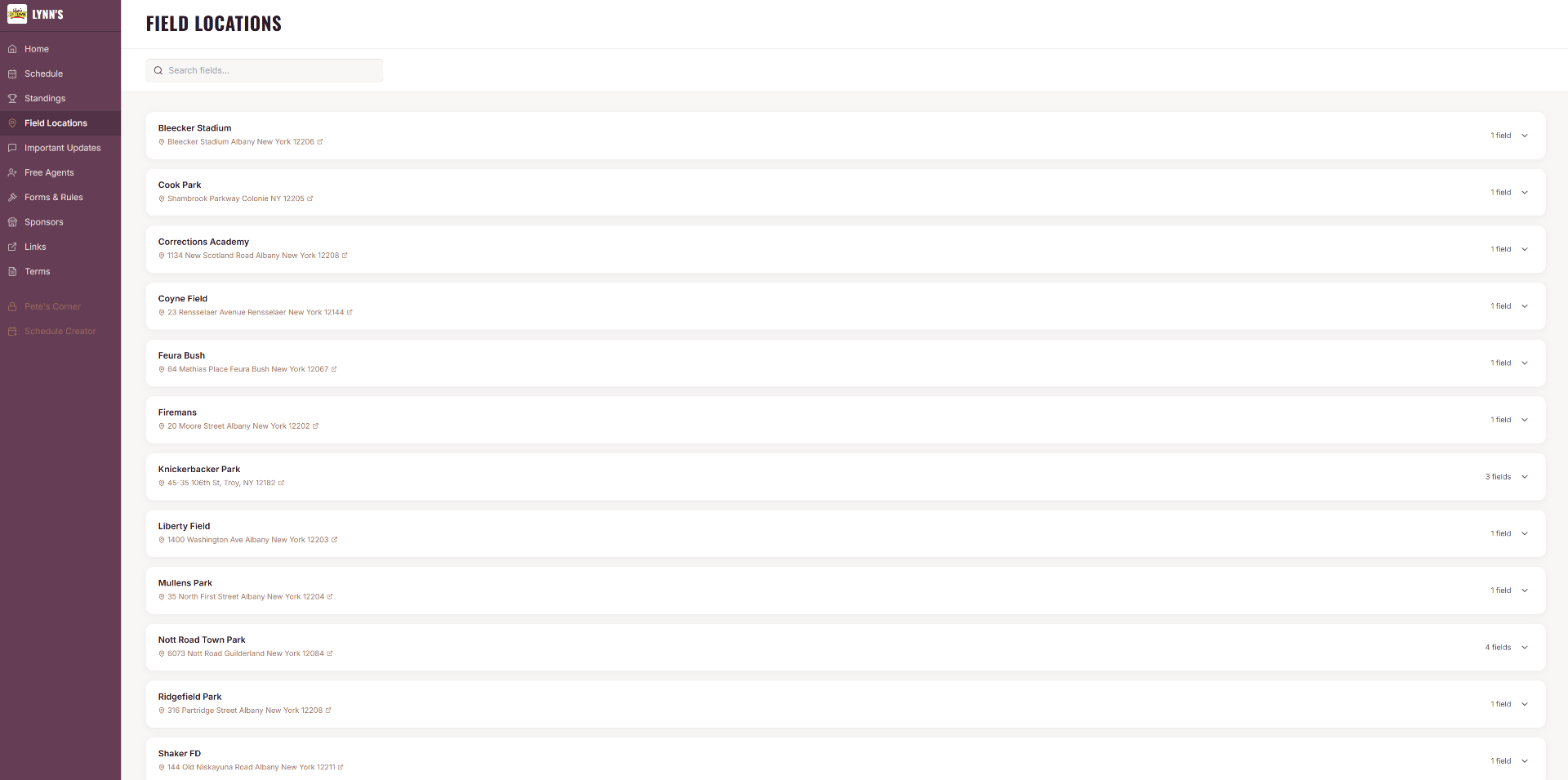 After — Field locations directory with addresses and field counts