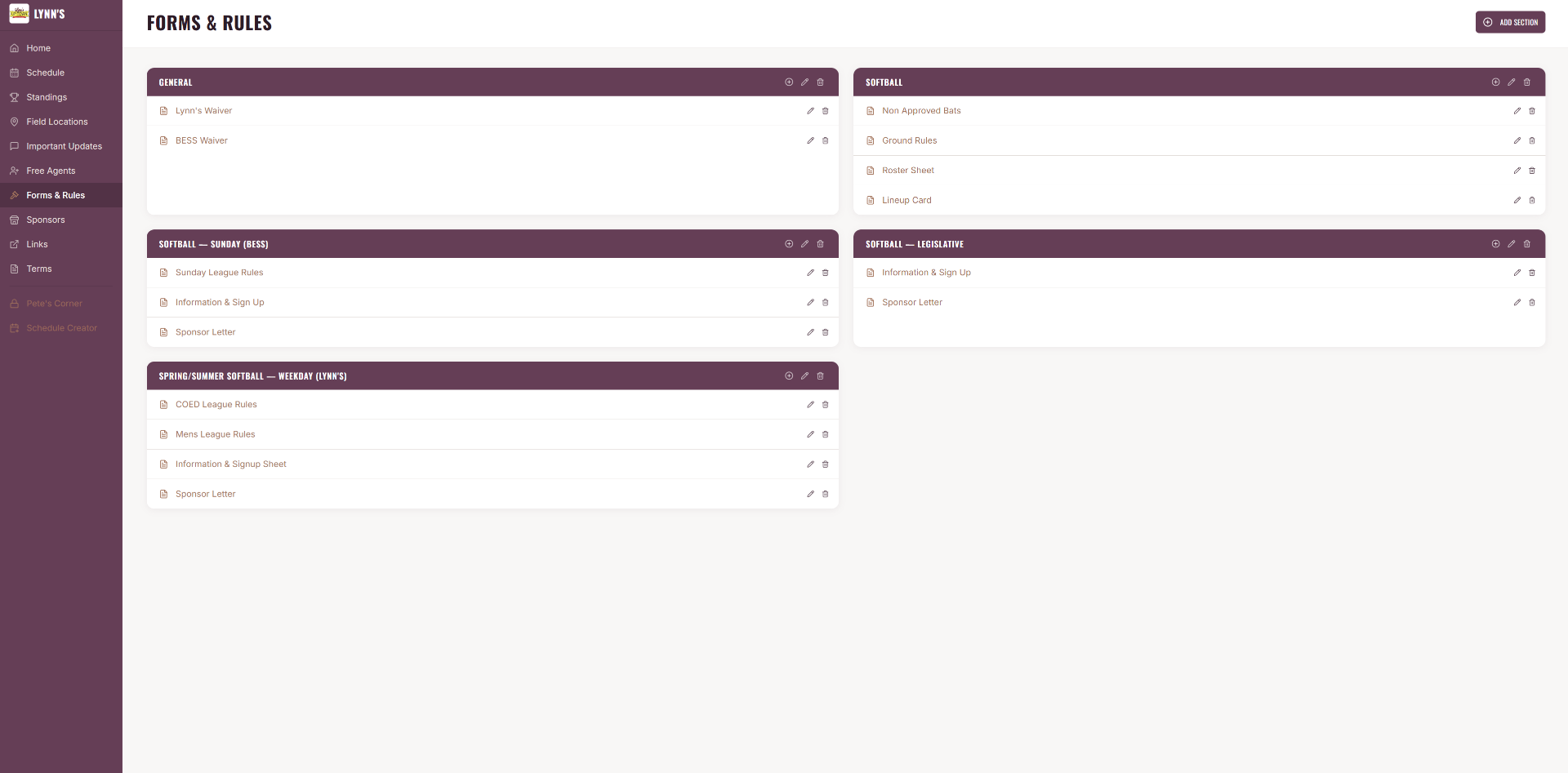 After — Forms & rules organized by sport with downloadable documents