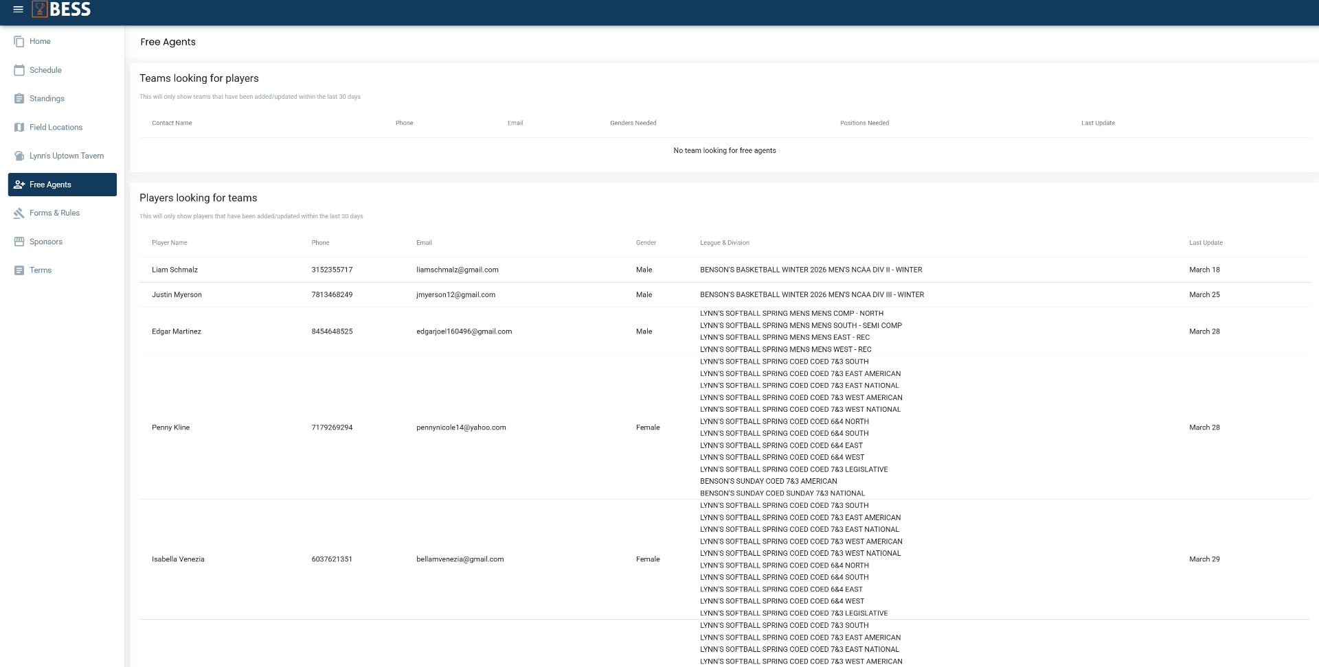 Before — Free agent board connecting players and teams automated from forms on homepage