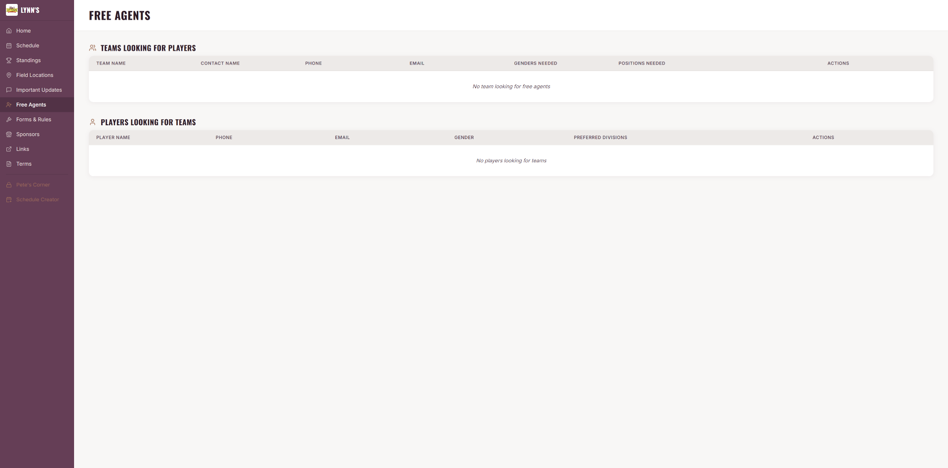 After — Free agent board connecting players and teams automated from forms on homepage