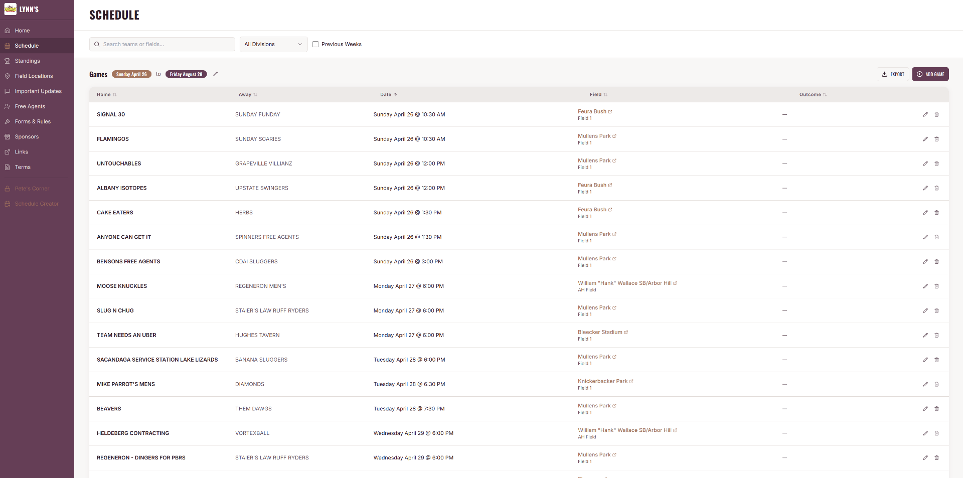 After — Game schedule with team search, division filters, and field assignments