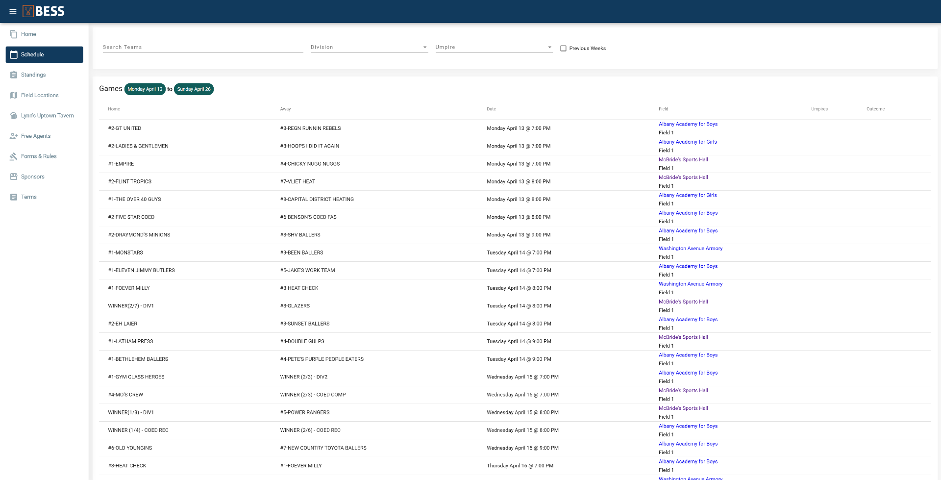 Before — Game schedule with team search, division filters, and field assignments