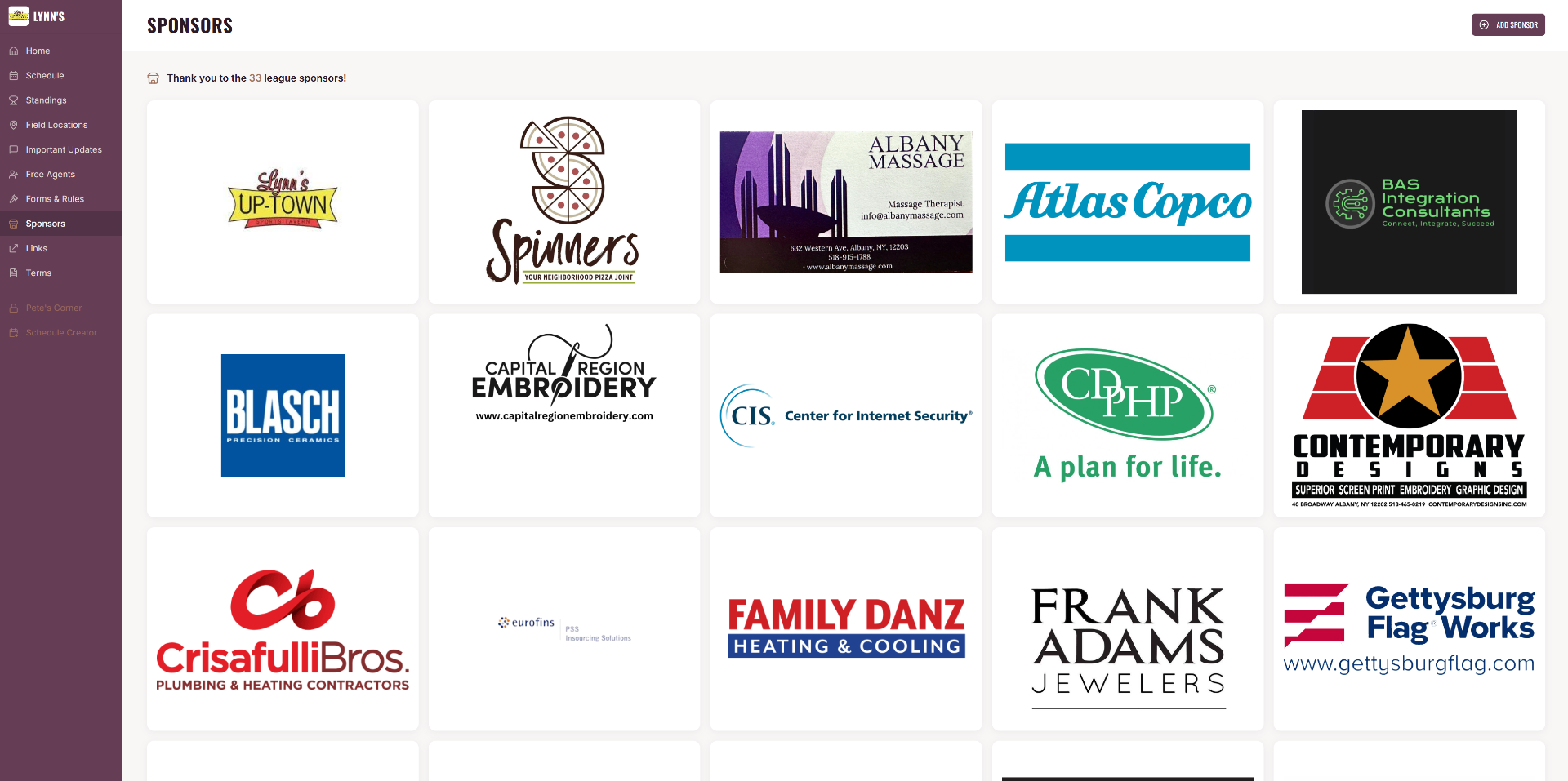After — Sponsor showcase with 33+ league sponsors
