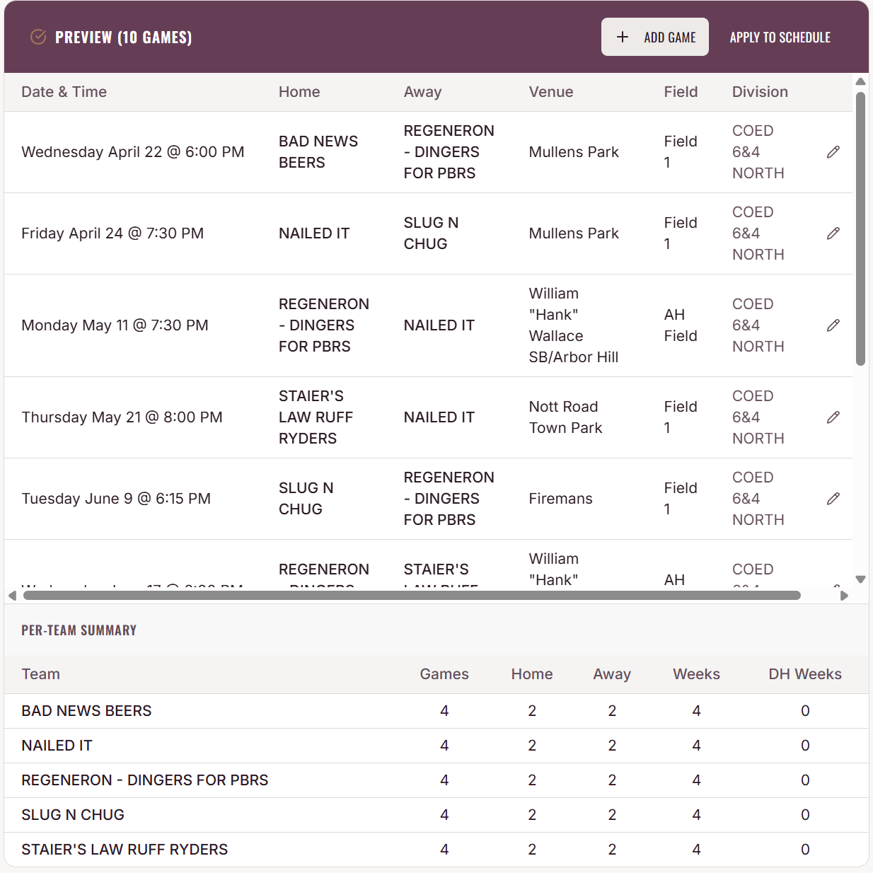 Auto-generated league schedule preview showing games, venues, fields, and per-team summary